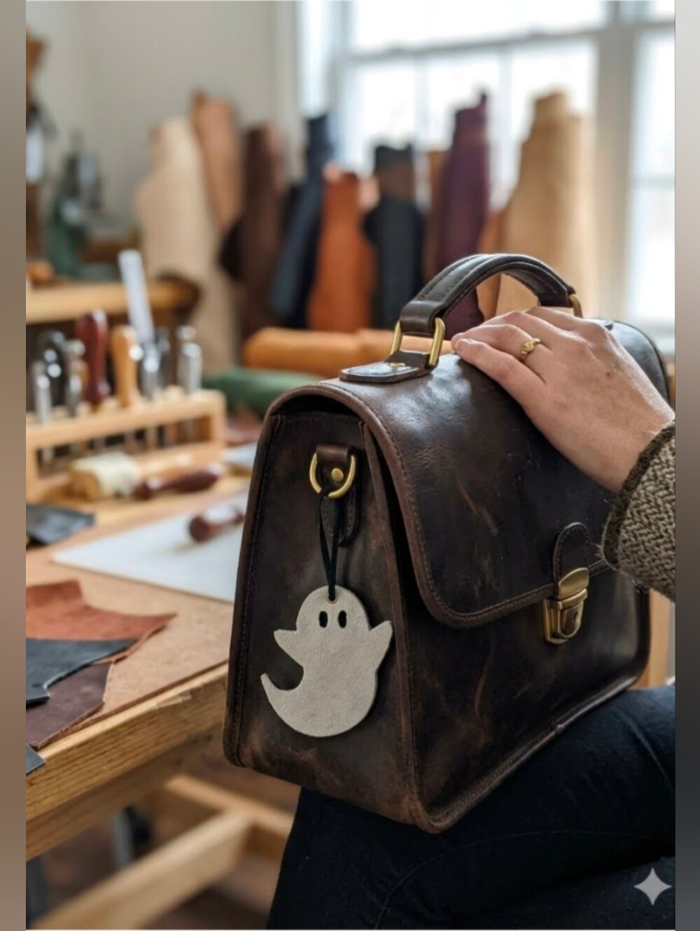 Artisan Handmade Genuine Suede Leather Ghost Bag Charm Stone Suede Black Leather